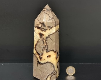 Könnte beinhalten: Eine braune und beige Kristallspitze mit einem einzigartigen, komplizierten Muster aus dunkelbraunen Adern. Der Kristall ist pyramidenförmig und hat eine glatte, polierte Oberfläche.