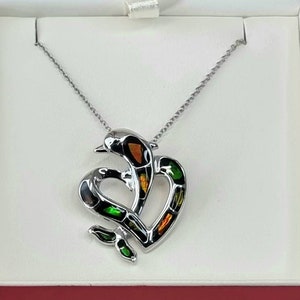 Ammolite Crystal Silver Dolphin Heart Necklace