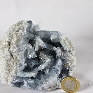 May include: A large, gray, crystal geode with a cavity filled with blue celestite crystals. A British pound coin is placed next to the geode for scale.