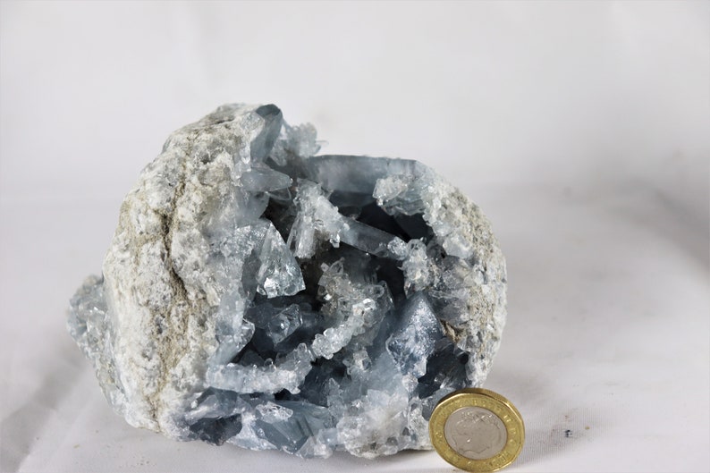 May include: A large, gray, crystal geode with a cavity filled with blue celestite crystals. A British pound coin is placed next to the geode for scale.
