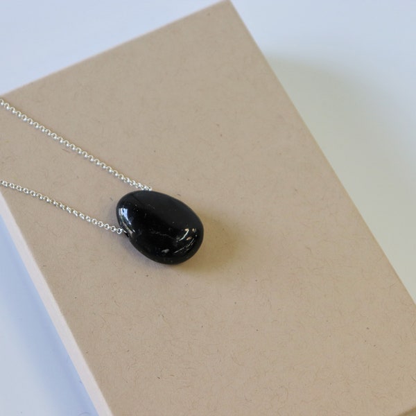 275) Black Tourmaline Crystal Necklace Pendant + Silver Chain