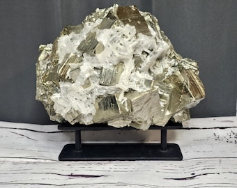 Very large pyrite crystal cubic cluster with mangano calcite