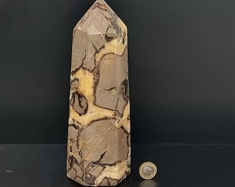 Könnte beinhalten: Eine große, braune und gelbe, natürliche Steinkristallspitze. Der Kristall ist eine natürliche Formation mit einem einzigartigen, wirbelnden Muster.
