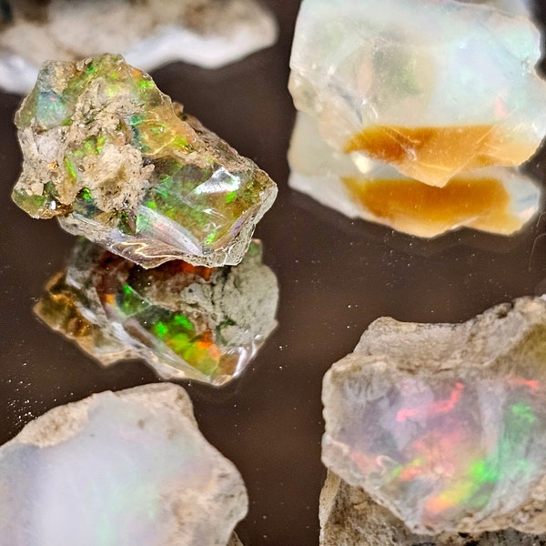 Opal crystal specimen in display case