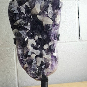 3) Large Amethyst Crystal + Calcite on Custom Stand