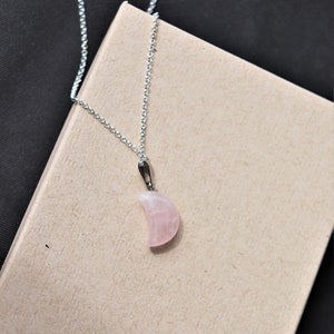 284) rose quartz moon crystal necklace pendant + silver chain