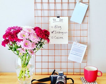Copper Rose Gold Wire Mood Board, Mesh Memo Pin Board, Grid Notice Board