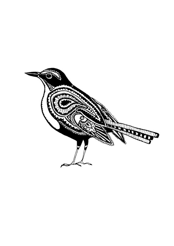 Paisley Petit Oiseau Noir Et Blanc Imprimé Stylisé Abstrait