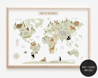 World Map Print - Personalised World Map - Nursery Prints - Map of The World - Kids Map - Animal World Map