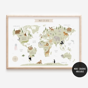 Map O'r Byd - Welsh World Map Print - Cymraeg - Map Anifeiliaid Y Byd - Welsh Prints - Welsh Nursery Decor