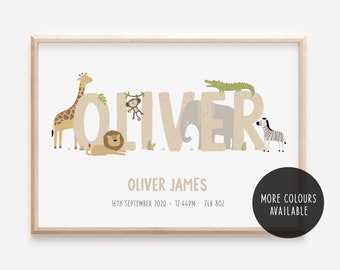 Personalised Safari Name Print - Animal Name Print - Safari Nursery Decor - Jungle Name Print - New Baby Gift