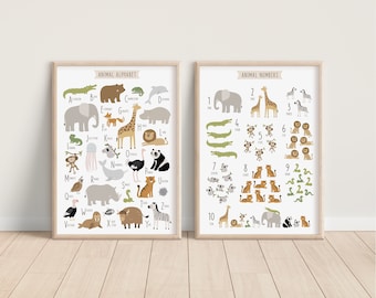 Set of 2 Safari Nursery Prints - Animal Alphabet - Number Poster - Safari Nursery Decor - Jungle Print Set - Educational Prints for Kids