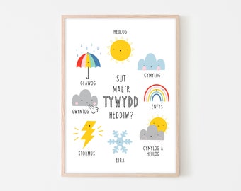 WELSH Weather Chart Print - Welsh Nursery Wall Art - Children's Print - Cymraeg - Kids Weather Poster - Kids Wall Decor - Educational Print