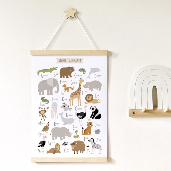 Boho Alphabet Poster For Nursery - Safari Animal ABC Wall Art, 12x16 Inches, Framed