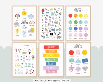 Ensemble d'impressions éducatives - Posters d'apprentissage pour enfants - alphabet, météo, sentiments, formes, jours, mois, mathématiques - Ensemble de 2 3 4 6 impressions