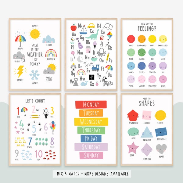 Set of Educational Prints - Learning Posters for Children - Alphabet, Weather, Feelings, Shapes, Days, Months, Maths - Set of 2 3 4 6 Prints