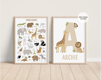 Lot de 2 impressions Safari personnalisées - Alphabet des animaux - Impression initiale Safari - Décoration de chambre d'enfant Safari - Impression nom d'animal - Impression nom personnalisé