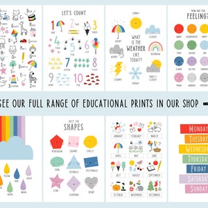 May include: Set of 8 colorful educational posters for kids. The posters feature alphabet, numbers, weather, feelings, shapes, months of the year, and days of the week. Each poster has a fun and colorful design with illustrations.