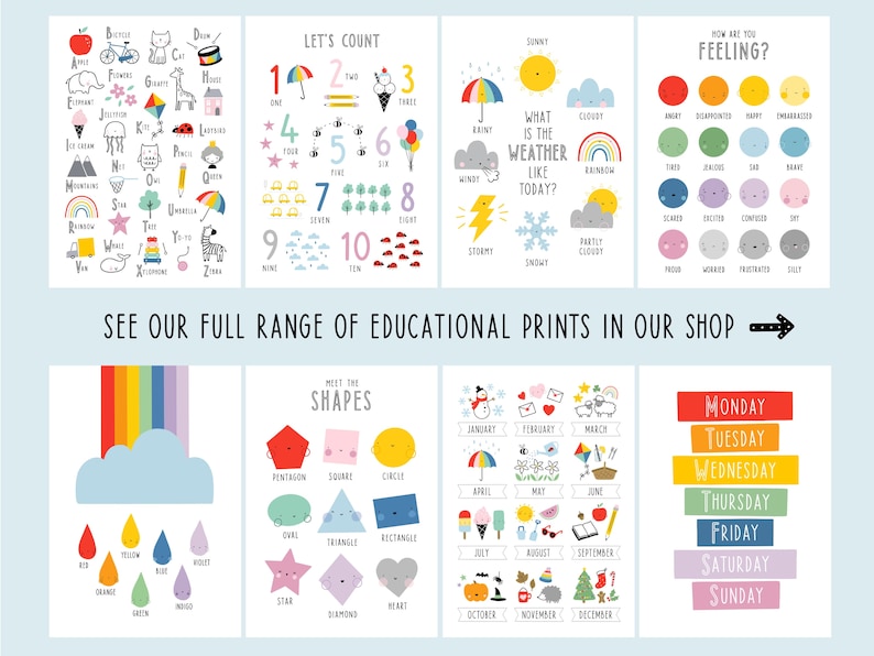 May include: Set of 8 colorful educational posters for kids. The posters feature alphabet, numbers, weather, feelings, shapes, months of the year, and days of the week. Each poster has a fun and colorful design with illustrations.