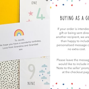 May include: A white card with a rainbow and the text "To Jacob, We hope you have a wonderful birthday. Love from Grandma and Grandad XXX". The card is on a black and white polka dot background. The text "BUYING AS A GIFT" is on a white background with colorful confetti. The text reads "If your order is intended as a gift or being sent direct to another recipient, we are more than happy to include a personalised message card at no extra cost. Please leave the message you would like to include in the 'Note to the seller' prompt box at the checkout page."
