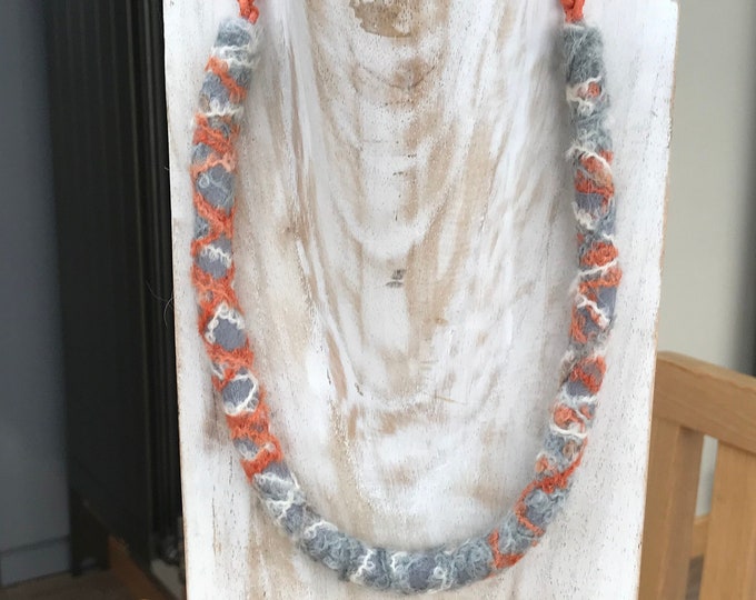 Wet Felted Necklace in orange and grey