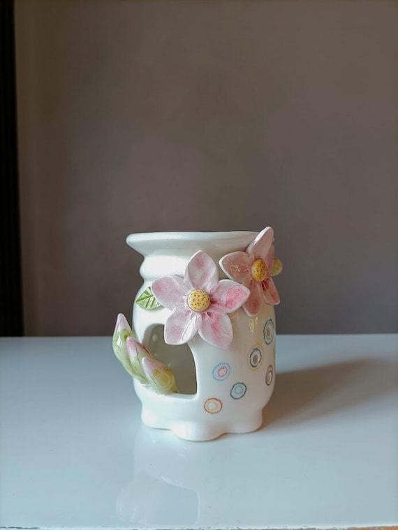 Brucia essenze in ceramica, diffusore fatto a mano, ceramica con fiori,  porta candela, bruciatore di olio essenziale. -  Italia