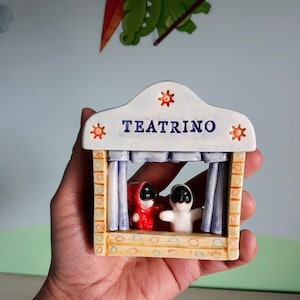 Puppet theater, white and red Pulcinella, handmade, handmade pottery, Guarattelle