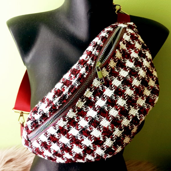 Sac banane en tissu pied de poule/pied de coq rouge bordeaux. Élégance intemporelle pour toutes saisons!. cadeau pour femme, épouse, maman