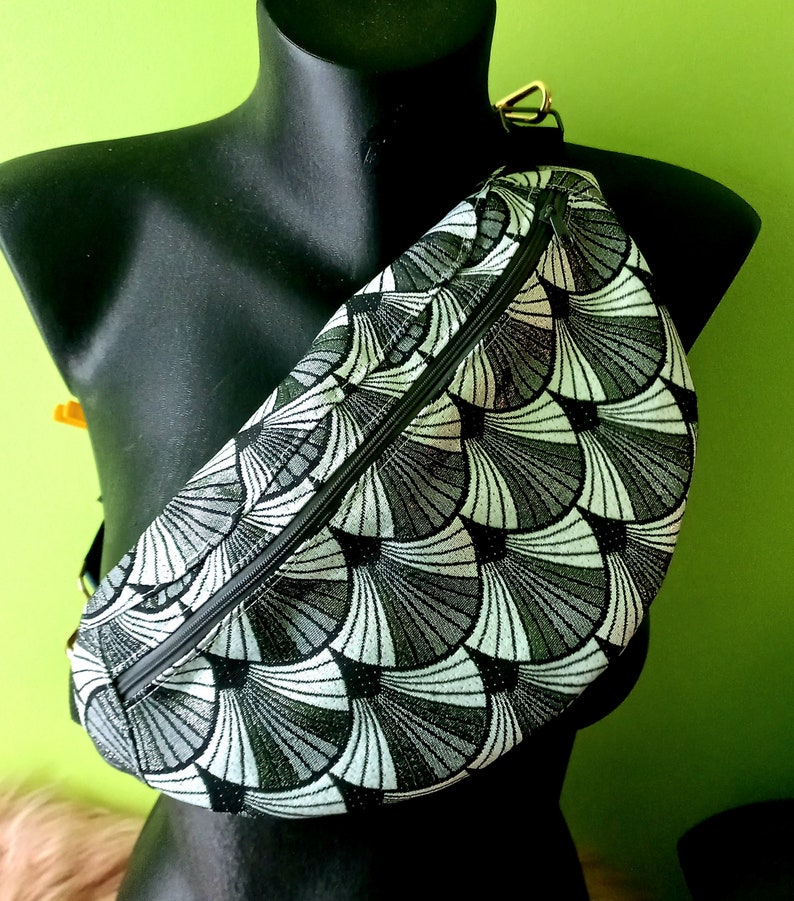 Japanese fabric banana Seigaiha silver A touch of Japanese elegance for your urban style chest or waist bag, gift for her image 1