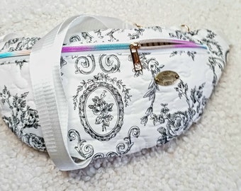 Sac Banane en Tissu Coton Matelassé Noir/Blanc Motifs Esprit "Empire" - Élégance Classique et Praticité Moderne , cadeau pour femme élégante