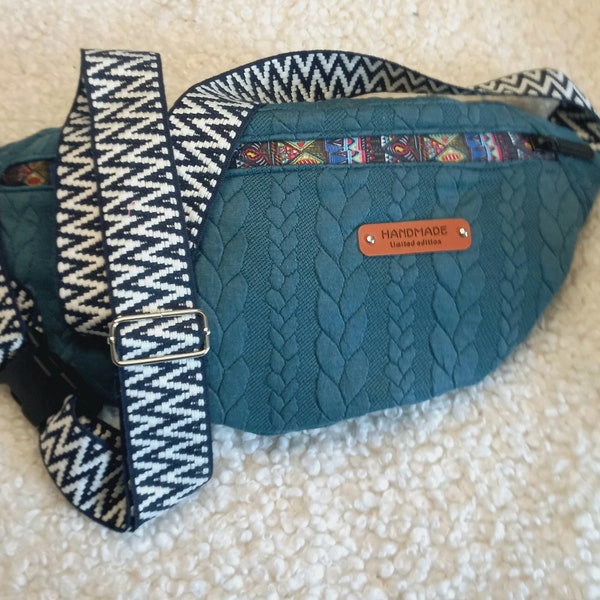 Sac Banane en Tissu Jersey bleu/vert, canard Torsadé - Tendance et Confort Absolu avec Sangle à Motifs brodés, cadeau Mamie, cadeau maman