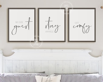 3er Set Gästezimmer Prints | Be our Guest, Stay Awhile, Get Comfy | Über dem Bettschild | Gästezimmer Wandkunst | Wanddekoration