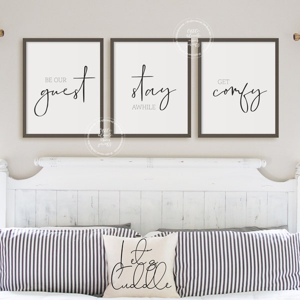 3er Set Gästezimmer Prints | Be our Guest, Stay Awhile, Get Comfy | Über dem Bettschild | Gästezimmer Wandkunst | Wanddekoration