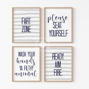 Set of 4 Funny Bathroom Printable Signs | Fart Zone | Bathroom Decor | Printable Wall Art | Boys Bathroom | Navy and Gray | Tween Wall Art