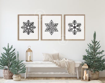 Black Snowflake Prints | Set of 3 | Winter Wall Decor | Winter Wonderland | Snow Wall Art | Black Neutral Holiday Decor