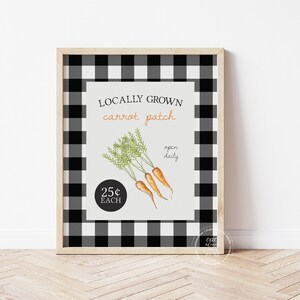 Puede incluir: Un cartel a cuadros blanco y negro con el texto "LOCALLY GROWN carrot patch open daily" y una ilustración de acuarela de zanahorias. El cartel también incluye un círculo con el texto "25¢ EACH".