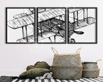 Airplane Wall Art | Vintage Plane Sketch | Set of 3 | Office Decor | Playroom Wall Decor | Pilot Gift | Pilot Decor | Printable Home Decor