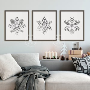 Silver Snowflake Prints | Set of 3 | Winter Wall Decor | Winter Wonderland | Snow Wall Art | Gray Neutral Holiday Decor