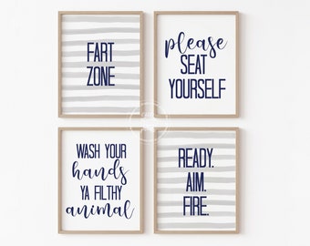 Funny Bathroom Art Prints | Navy and Gray, Set of 4 (Digital Download)