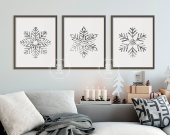 Silver Snowflake Prints | Set of 3 | Winter Wall Decor | Winter Wonderland | Snow Wall Art | Gray Neutral Holiday Decor