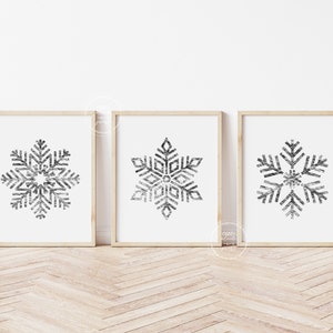 Silver Snowflake Posters | Set of 3 | Winter Wall Decor | Winter Wonderland | Snow Wall Art | Gray Neutral Holiday Decor