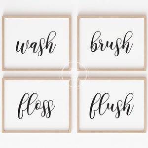 Set of Four Bathroom Prints | Wash Brush Floss Flush | Bathroom Decor | Bathroom Wall Art | Kids Bathroom Decor | Printable Wall Art