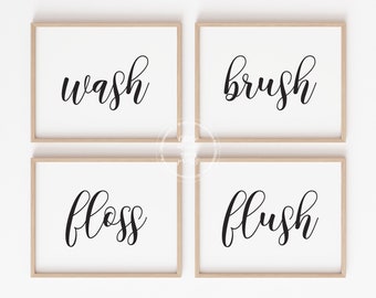 Set of Four Bathroom Prints | Wash Brush Floss Flush | Bathroom Decor | Bathroom Wall Art | Kids Bathroom Decor | Printable Wall Art