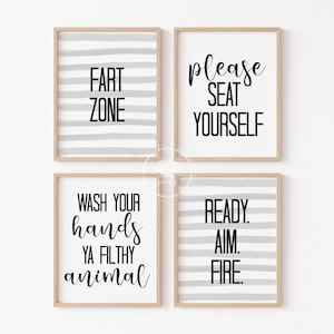 Set of 4 Funny Bathroom Prints | Fart Zone | Bathroom Decor | Printable Wall Art | Boys Bathroom | Black and Gray | Tween Wall Art