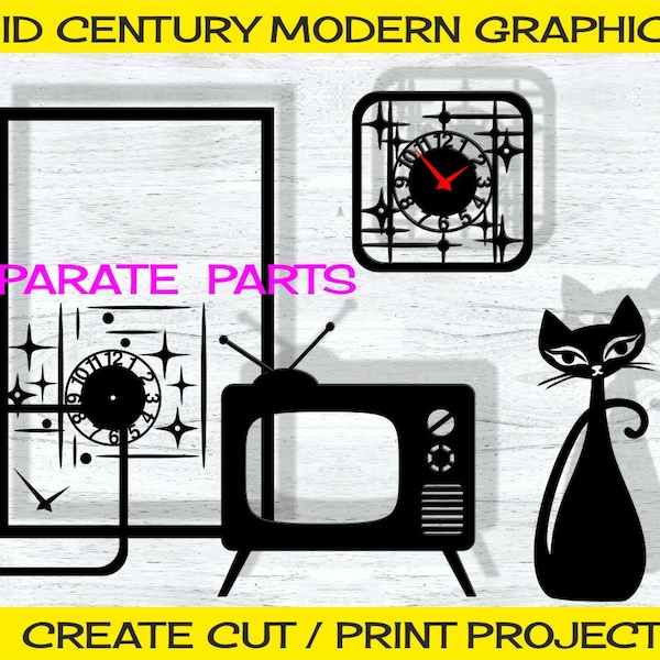 MCM Svg-Dxf Files Black Cat TV Wall Clock Design Elements, Mid-Century Modern, Retro Art Graphics DIY, Cut-out Panel
