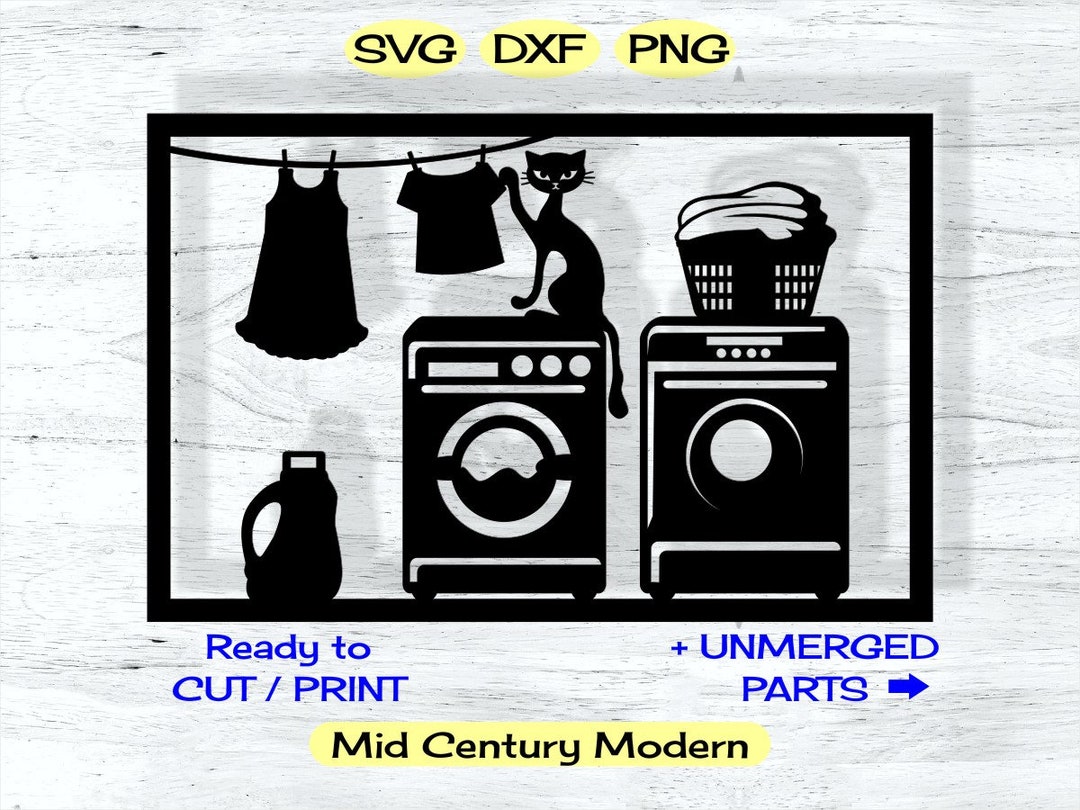 MCM Svg Dxf Files Laundry and Cat, Laundromat Decor, Wall Art Panel