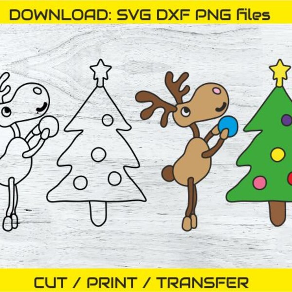 Christmas Reindeer and New Year Tree Svg-Dxf-Png Family Holiday Clipart, Mug T-shirt Print/Cut/Transfer, Kids Room decor, Card making, DIY