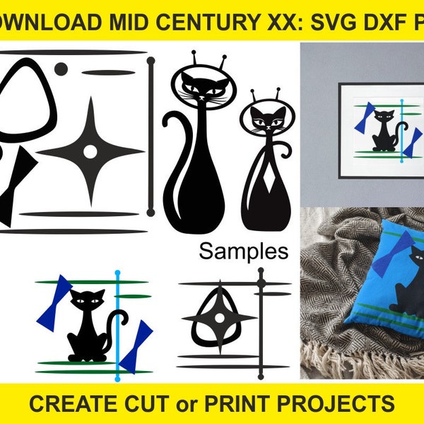 Paquete MCM con gatos y elementos gráficos DIY, decoración interior de habitaciones de estilo de arte moderno de mediados de siglo, corte / impresión / transferencia, archivos Svg-Dxf-Png