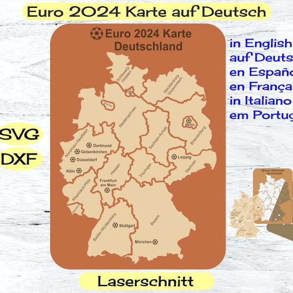 Euro 2024 Fußballmeisterschaft in Deutschland: Reisekarten-Puzzle, Laser-Schnitt Dateien SVG DXF, Digitales Design uf Deutsch