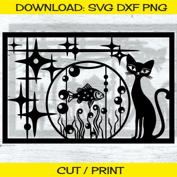 MCM Svg Dxf Files: Starbursts, Cat and Aquarium with Fish Room Decor, Wall Art Panel Cut, Mid-Century Modern Laser Cutting DIY